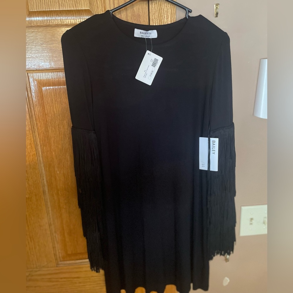 NWT Bailey/44 black fringe sleeve dress size S